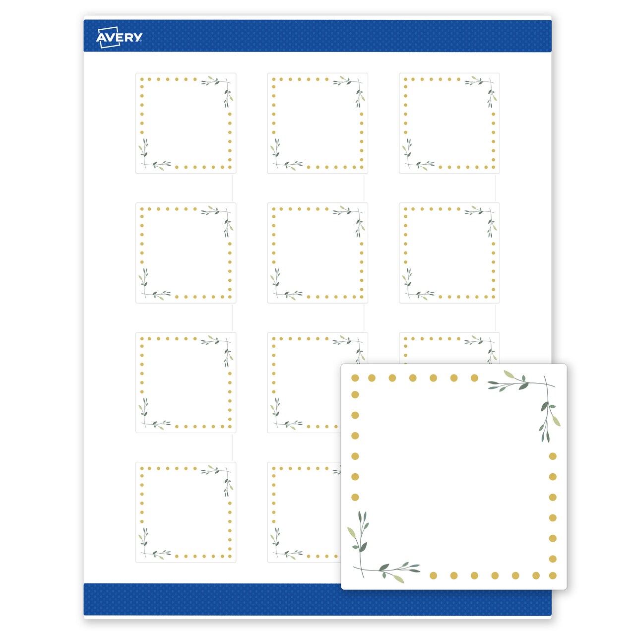 Avery Printable Square Labels, Gold Dots with Green Florals, 2" x 2", Matte White Square Labels, Permanent, Laser/Inkjet, 120ct, Great for Product Labels